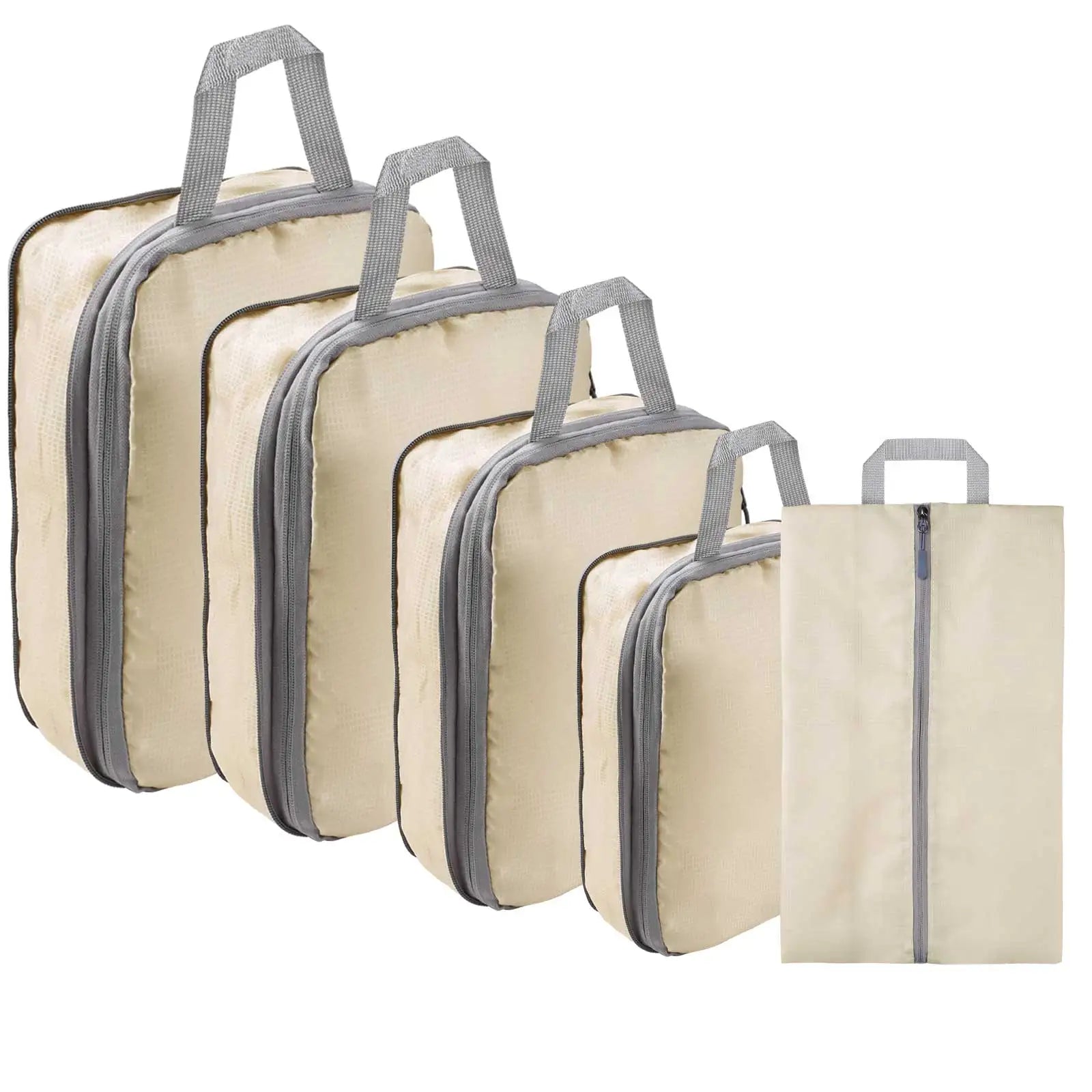 Set of beige compression packing cubes with gray handles and matching shoe bag, designed for organized travel and efficient luggage packing